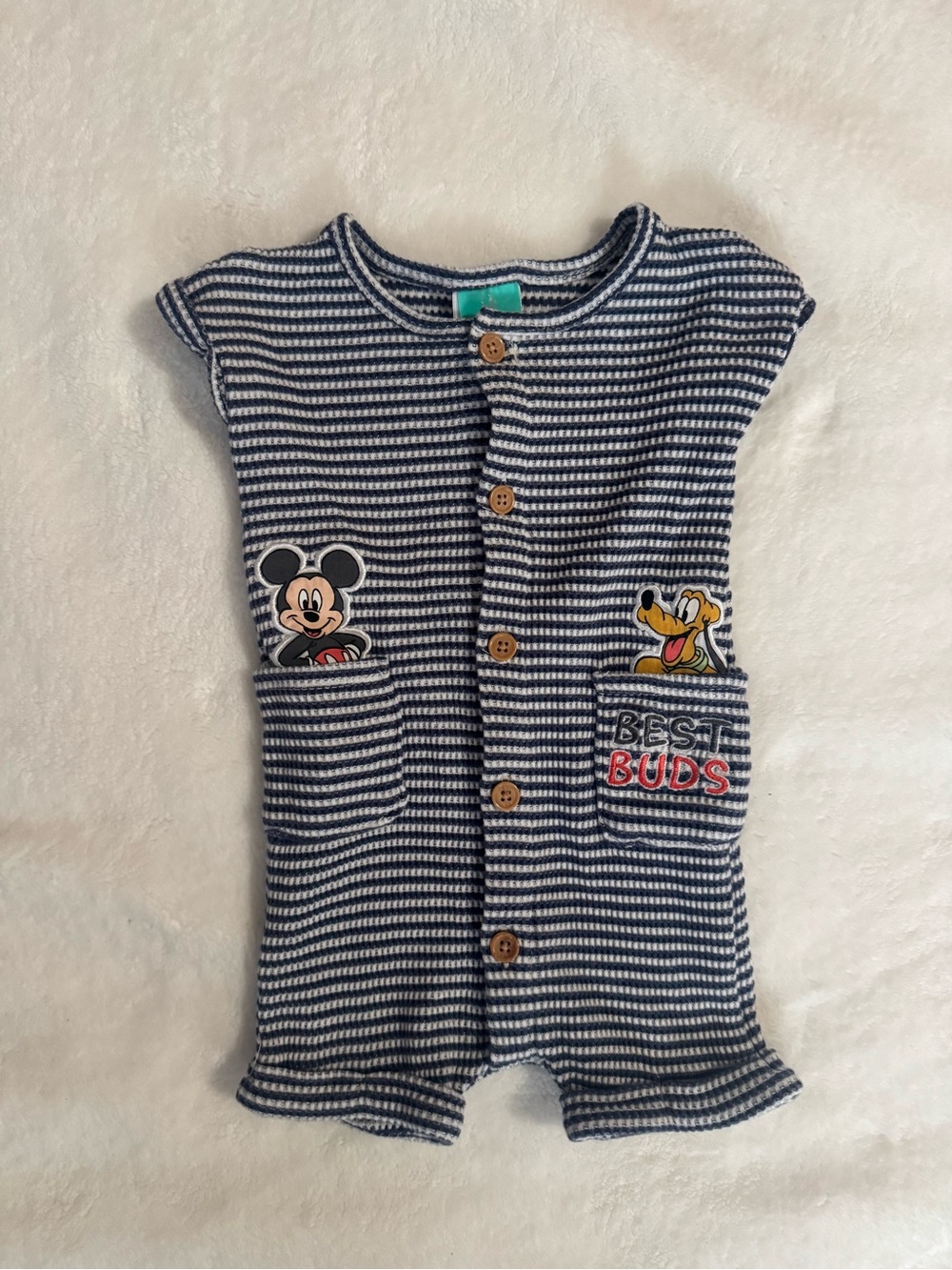 Disney Mickey & Pluto Navy Striped Baby One-Piece Short Romper - Best Buds